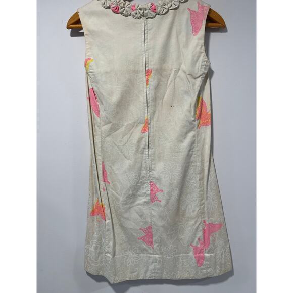 1960s Vintage Sleeveless Shift Mini Dress Butterfly Print Rosette Neckline Sm JL - Picture 4 of 11